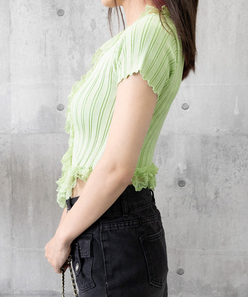 レースフリルニットトップスショート丈夏服 サマーニットレディース ラッフルレースニットソー 甘めコーデ お洒落 コンパクト タイトニット 半袖ニットTシャツ韓国風 6SENZHU-001